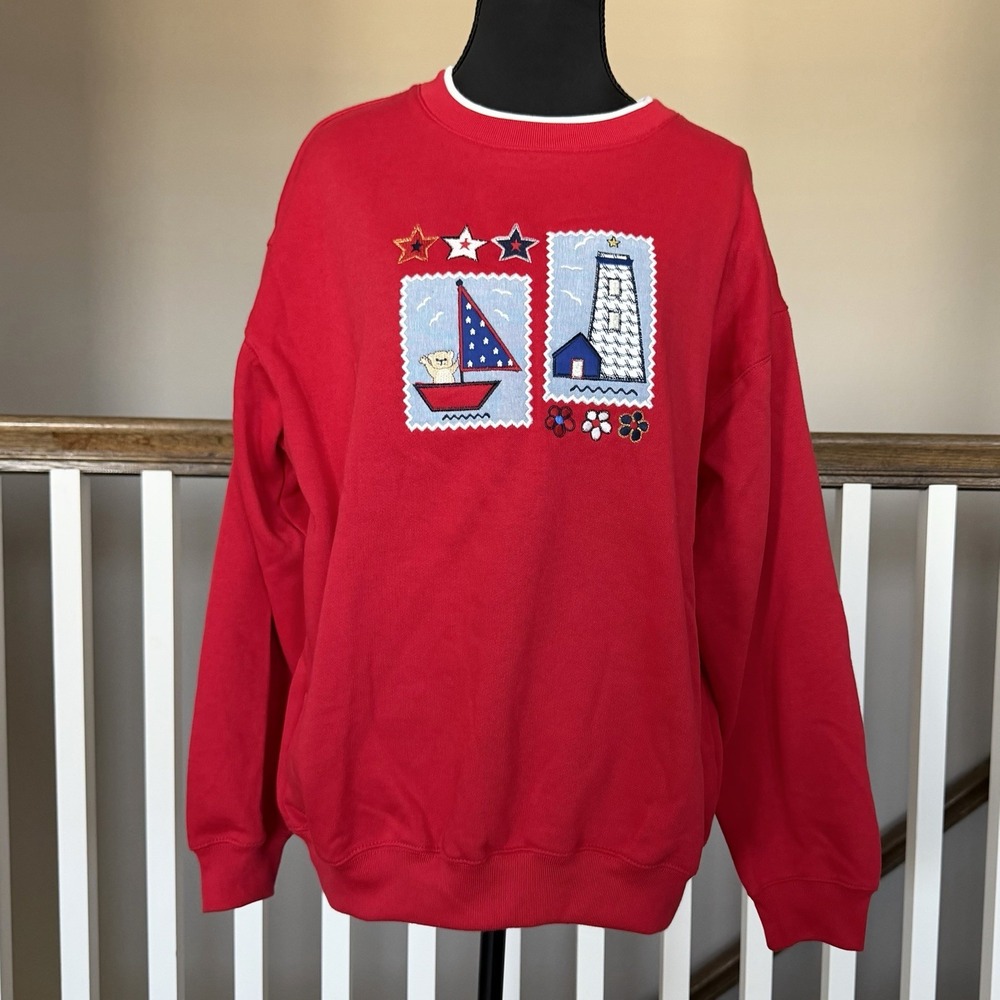 Bold Spirit Sears NWT Vintage 90s Americana Embroidered Sweatshirt Red Medium